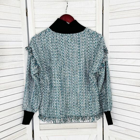 Zara Tweed Fringe Hem Mock Neck Shirt Teal White Large Crop - Picture 9 of 12